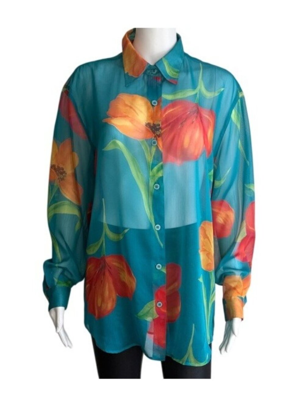 Liz Claiborne LizSport Sheer Floral Button-Down Blouse – Size M
